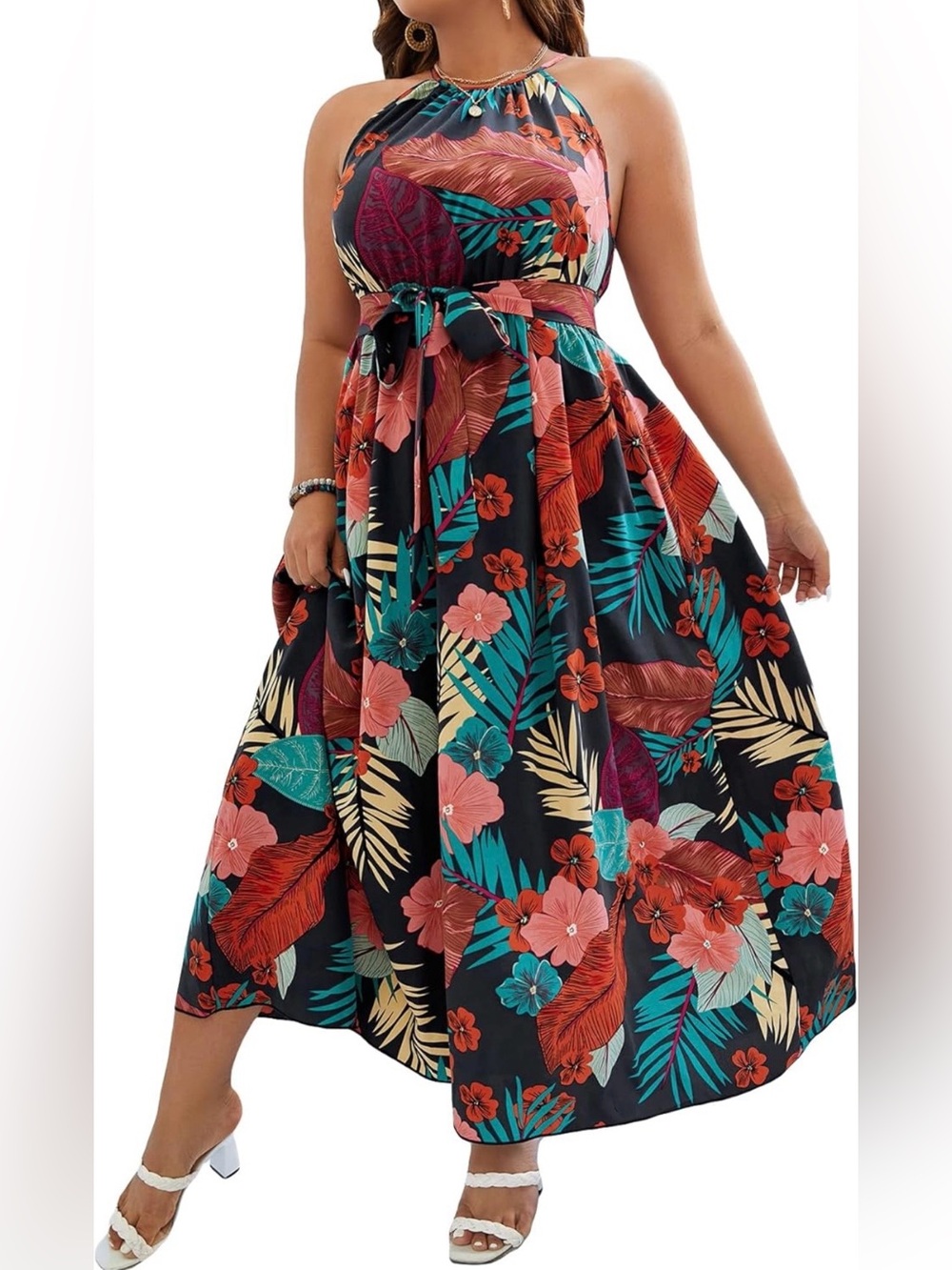Tropical Halter Maxi Dress in Black with Red Coral and Teal Floral Print